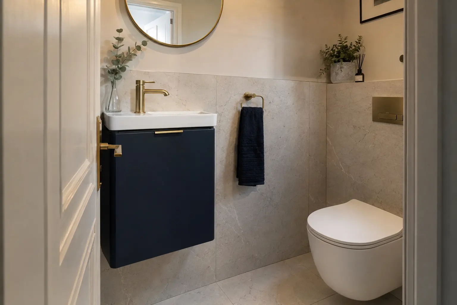 Compact navy and stone en-suite concept