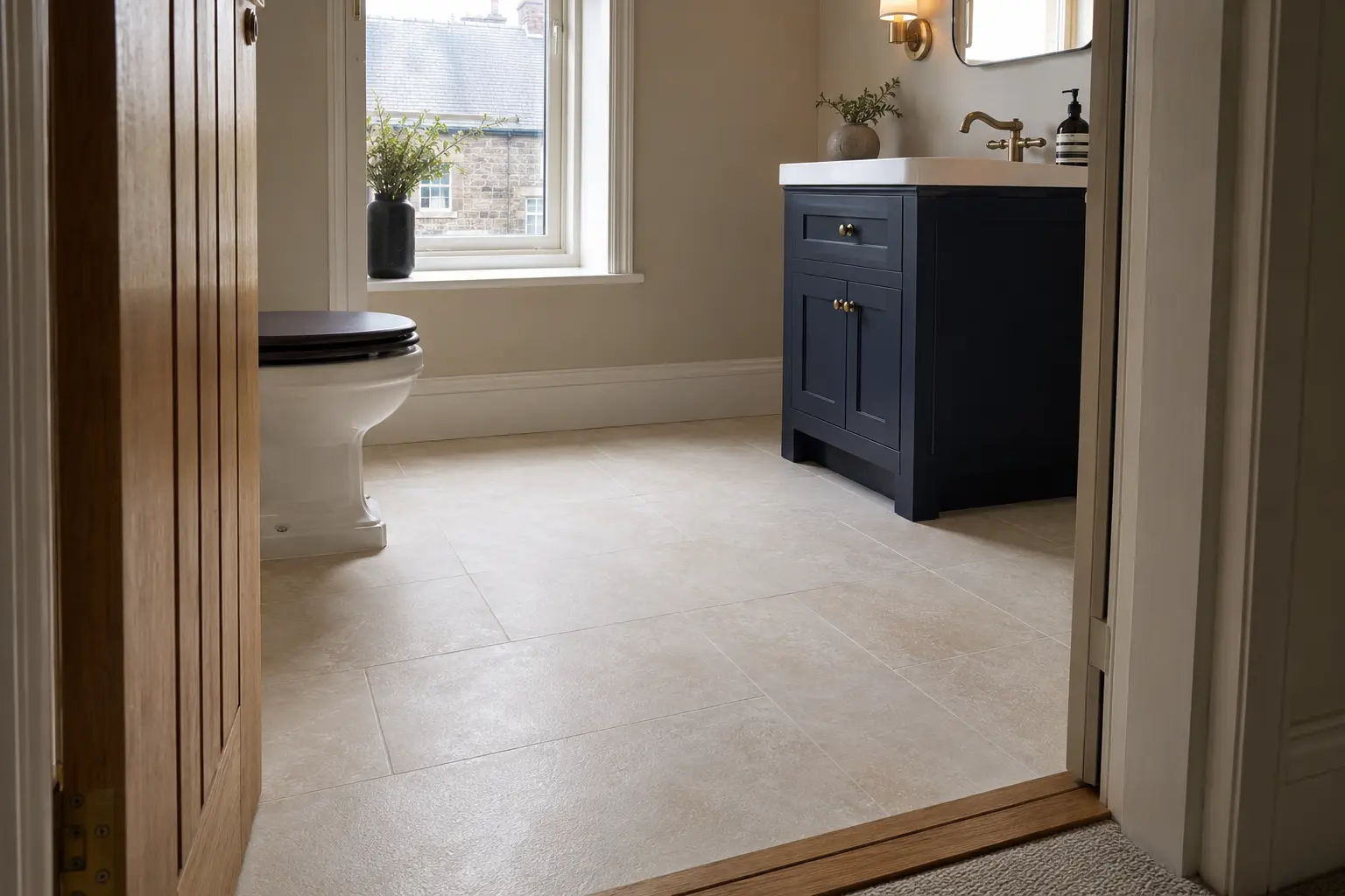 Pale stone bathroom flooring concept