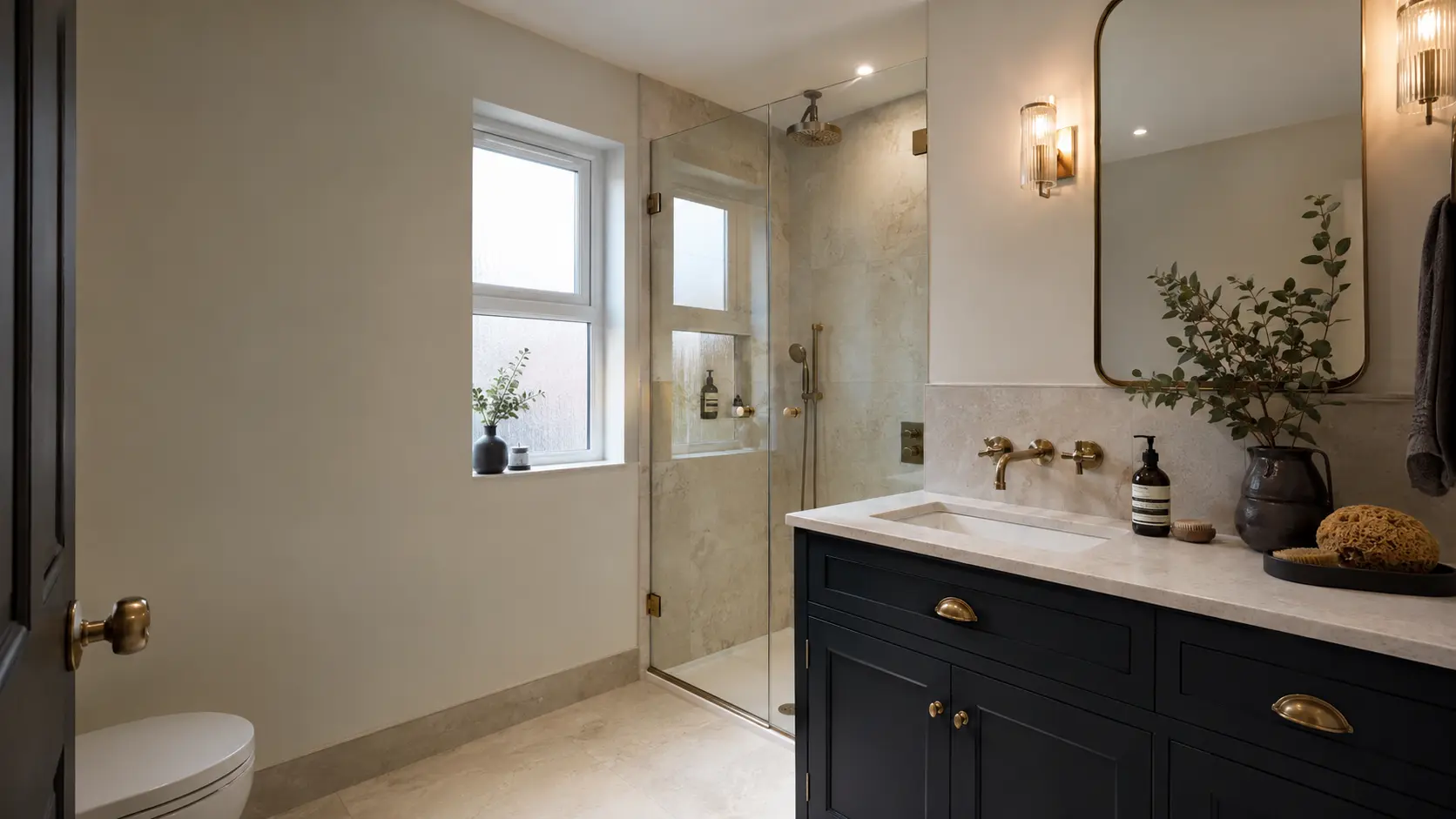 Dark navy and brushed brass fitted bathroom in a realistic UK home