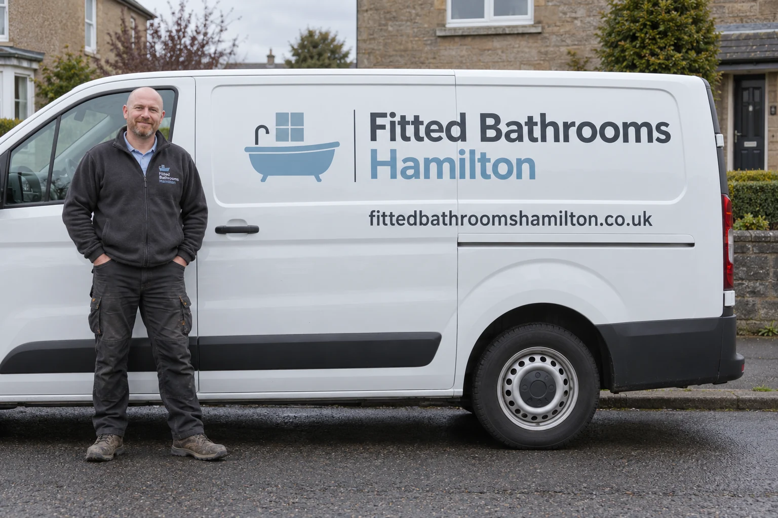 A man in workwear beside a professionally signwritten Fitted Bathrooms Hamilton van