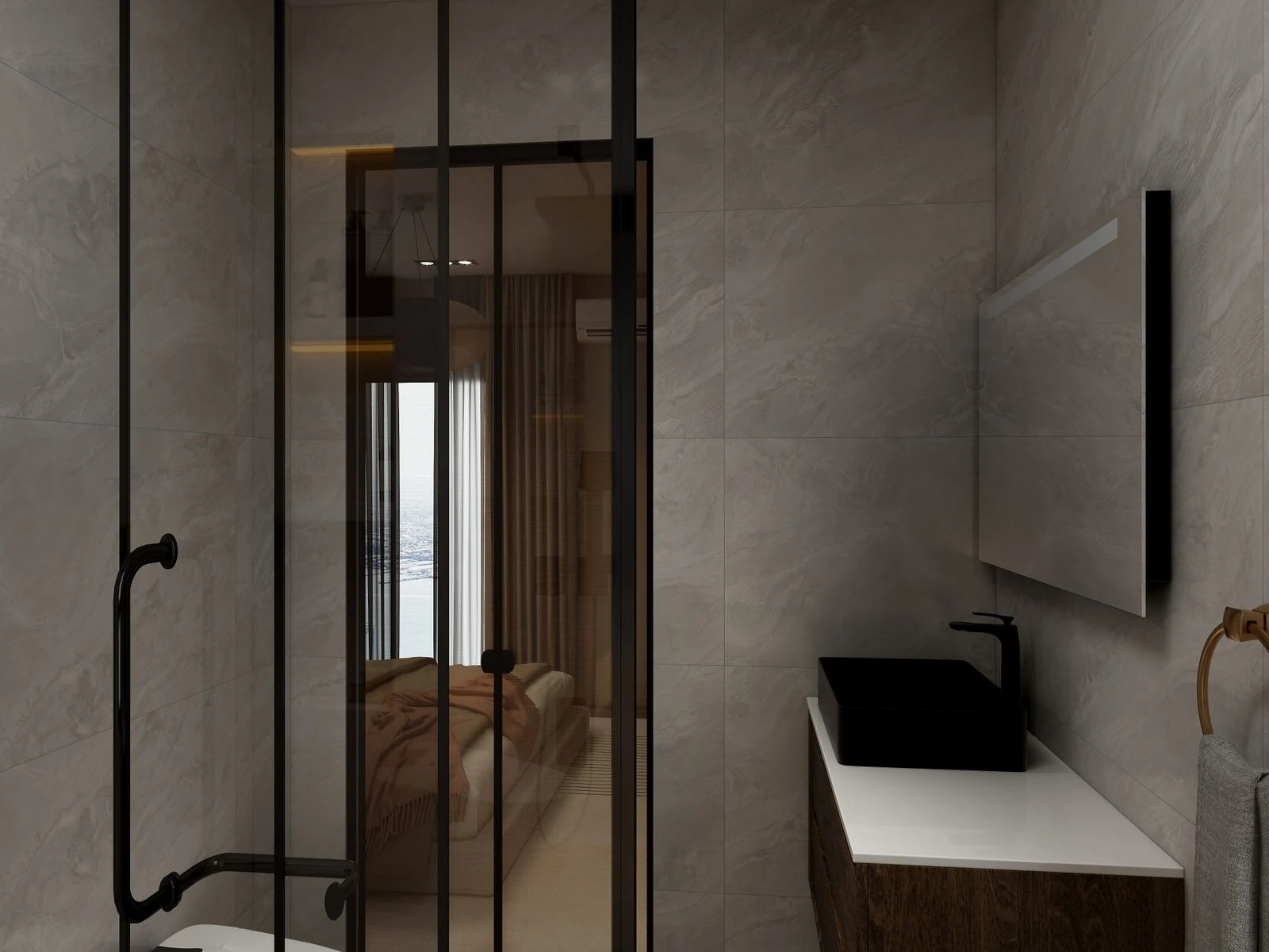 Luxurious bathroom featuring a sleek glass partition and modern fixtures