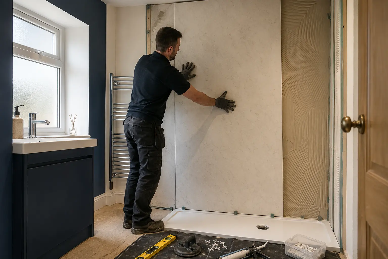 Bathroom wall panel being installed in a prepared UK room